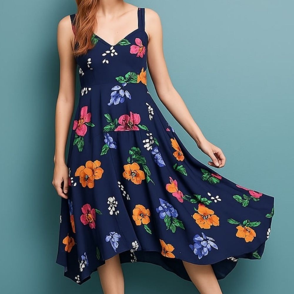 Anthropologie Maeve Navy Floral Sweetheart Neckline Summer Sundress